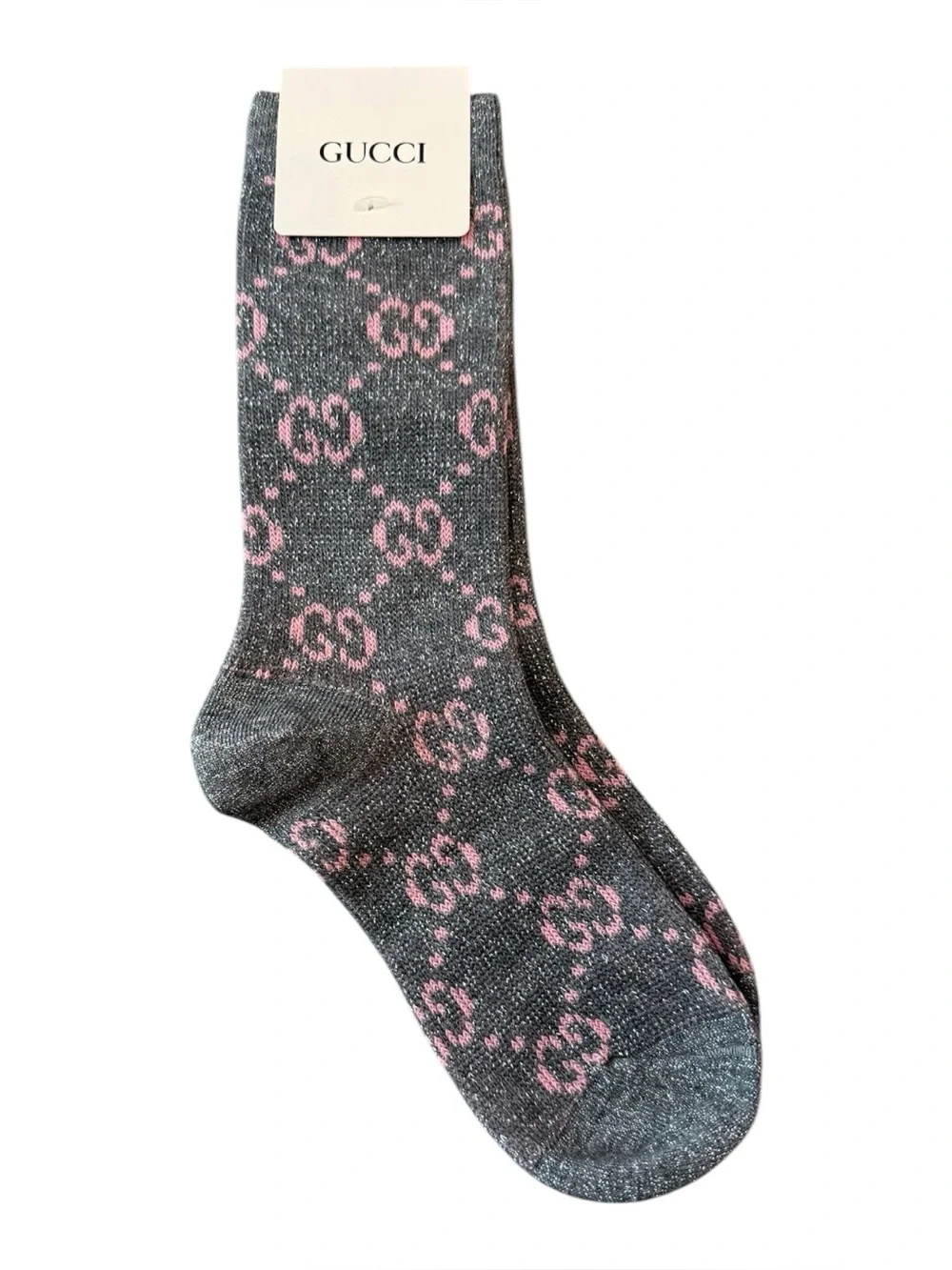 2 Pair Gucci Outlet GG Monogram Crew Socks — Gray with Pink